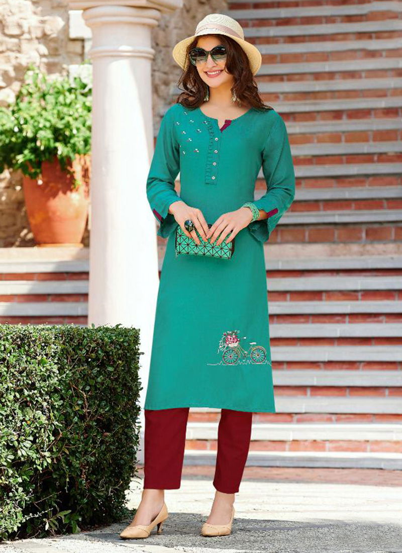 Sameera Rayon Designer Slub With Embroidery Work Stylish Look Kurti Collection 4001-4006